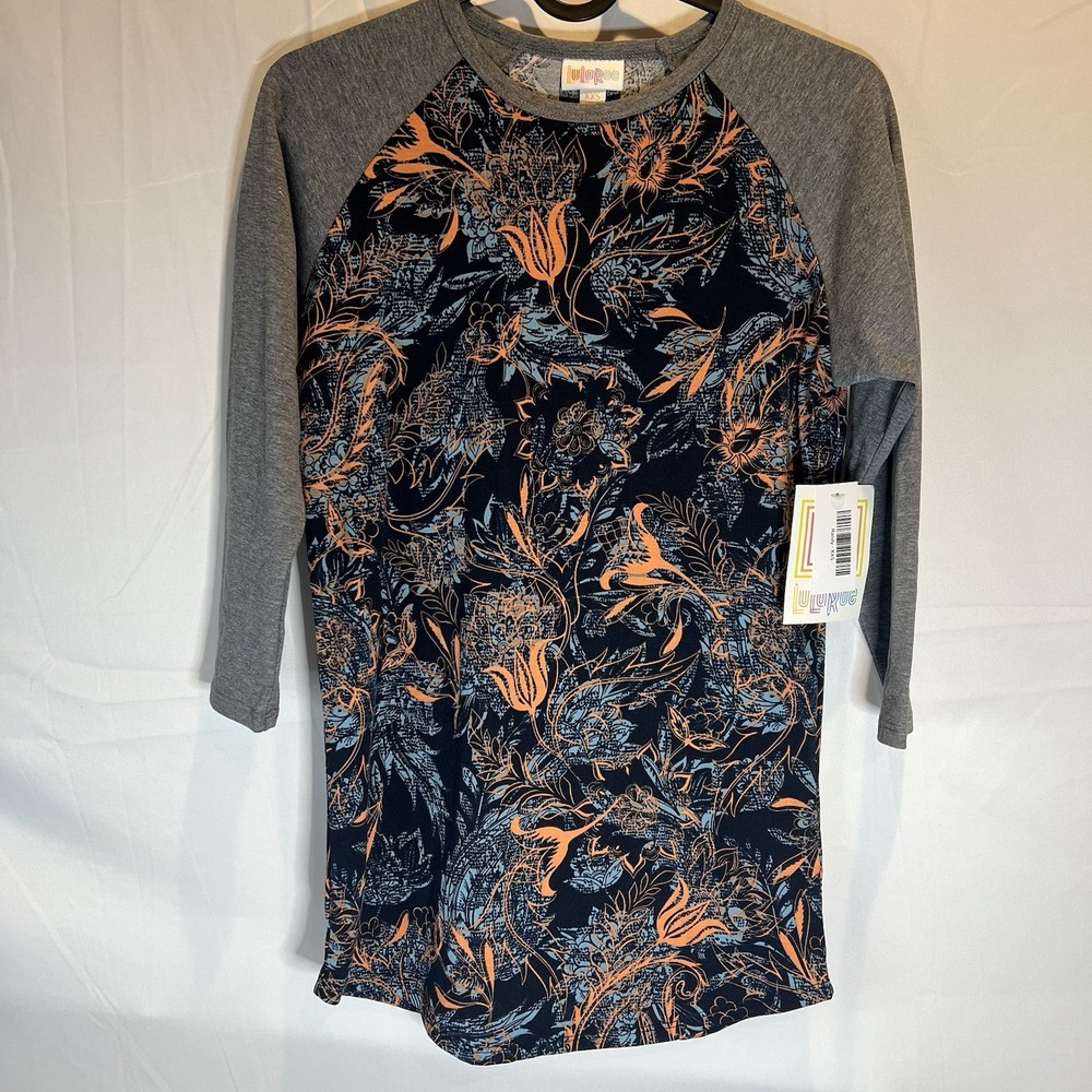 NWT LuLaRoe XXS Randy Gray Heather Sleeves Navy Blue with Flower Design